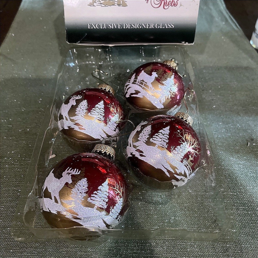 Krebs Glass Deer Winter Christmas Ornaments Round Red Gold Balls Boxed Set of 4